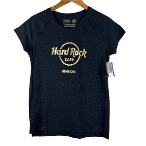 Hard Rock Women's T Shirt Black Cotton Gold Specs Logo Retro Preppy Size‎ L